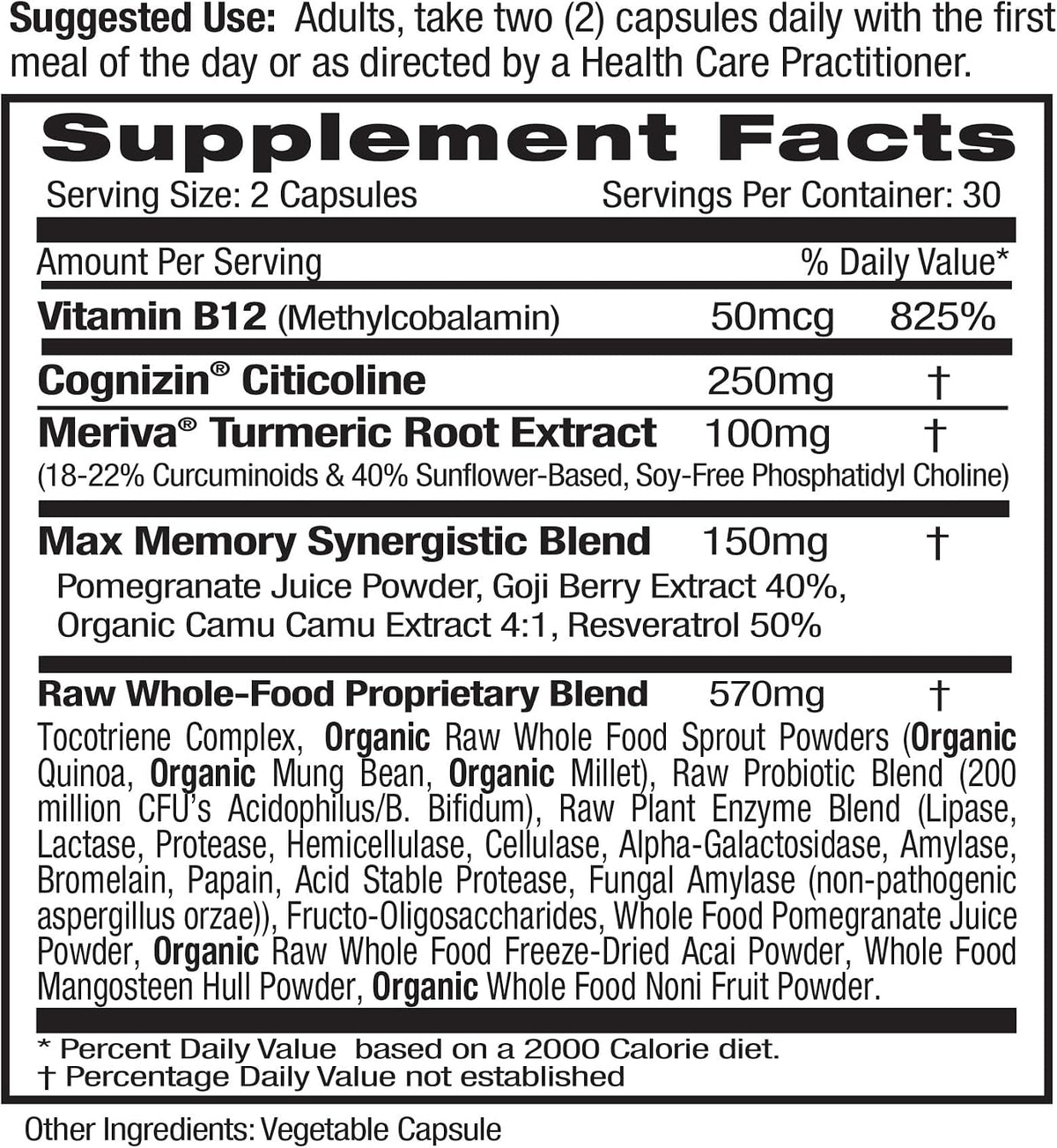 EMERALD LABS Memory Health - Brain Health & Memory Supplement with Meriva Turmeric, Vitamin B12 & Cognizin Citicoline - 60 Vegetable Capsules - görsel 2