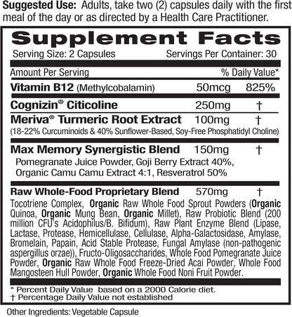EMERALD LABS Memory Health - Brain Health & Memory Supplement with Meriva Turmeric, Vitamin B12 & Cognizin Citicoline - 60 Vegetable Capsules