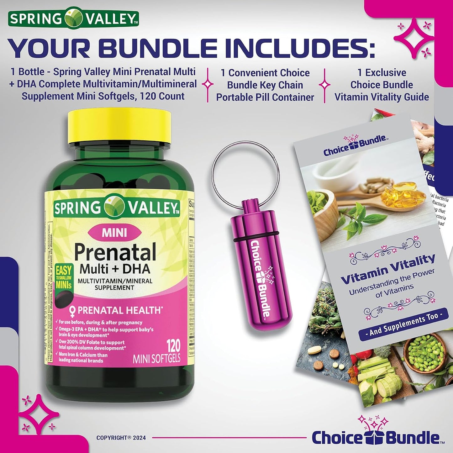 Choice Bundle Spring Valley Prenatal Multi + DHA Complete Multivitamin Multimineral Supplement Mini Soft gel capsules, 120 Capsules with Vitamin Guide & Pill Container - görsel 2