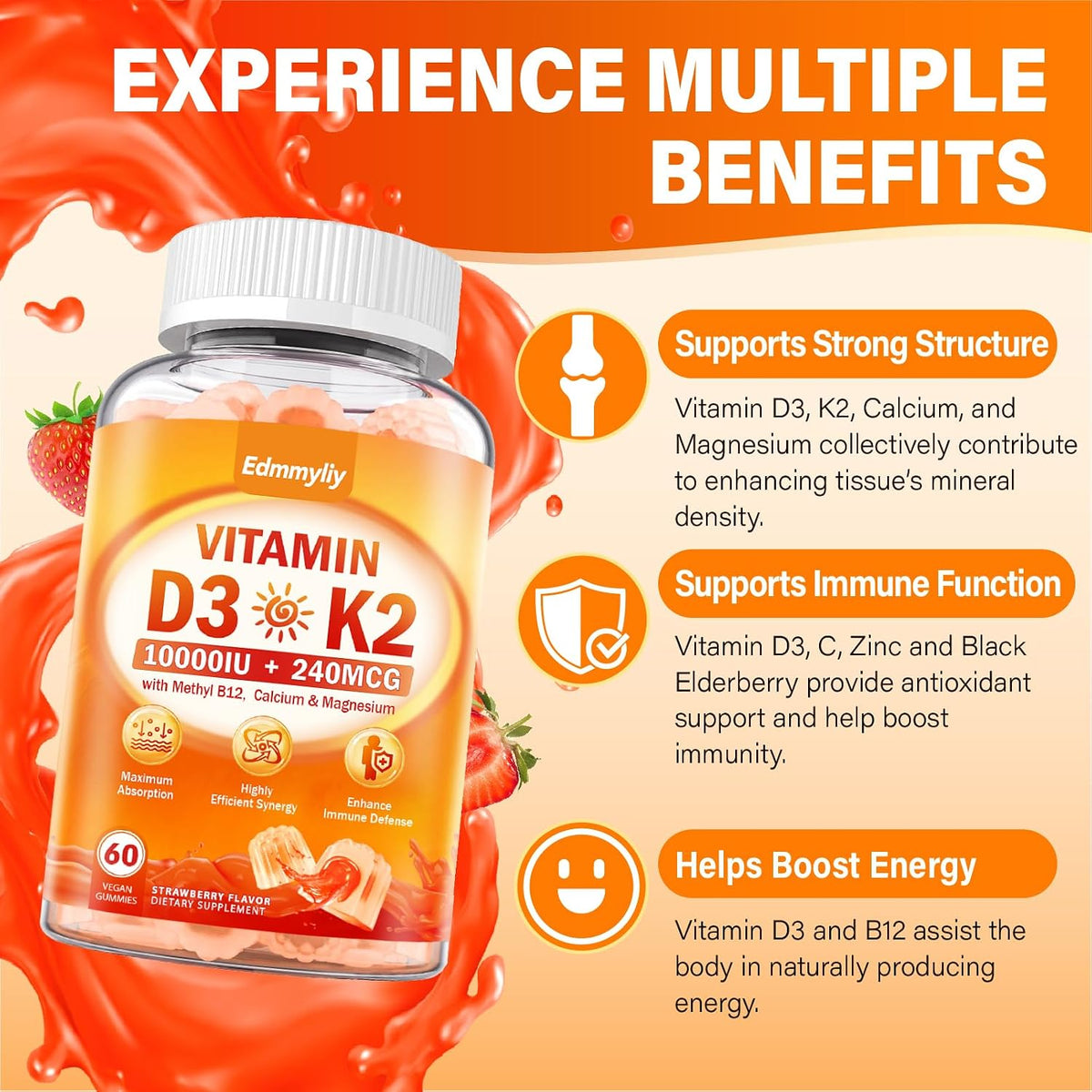 Vitamin D3 10000IU + K2 Gummies with Methyl B12, Calcium, Magnesium, Zinc & Elderberry - Sugar-Free Vegan - görsel 5