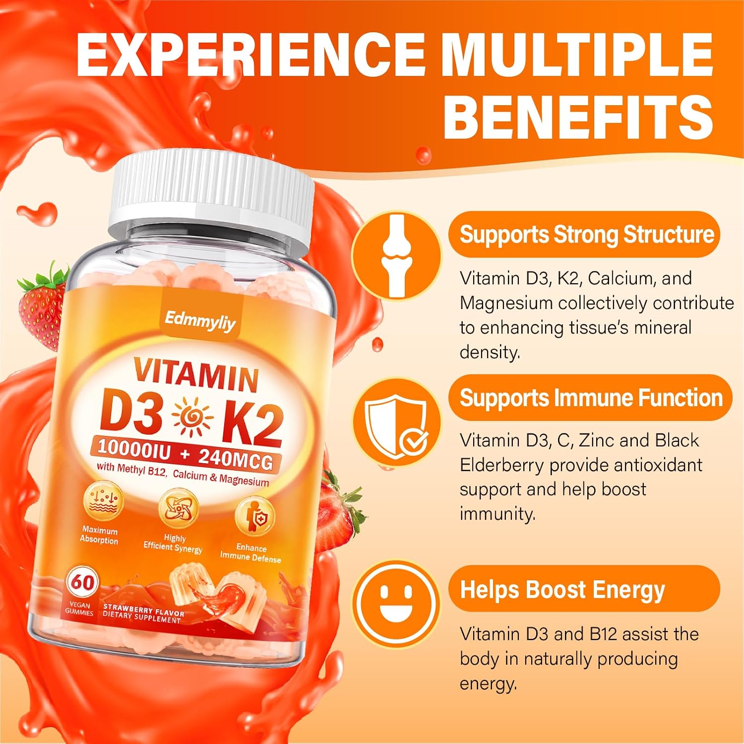 Vitamin D3 10000IU + K2 Gummies with Methyl B12, Calcium, Magnesium, Zinc & Elderberry - Sugar-Free Vegan - görsel 5