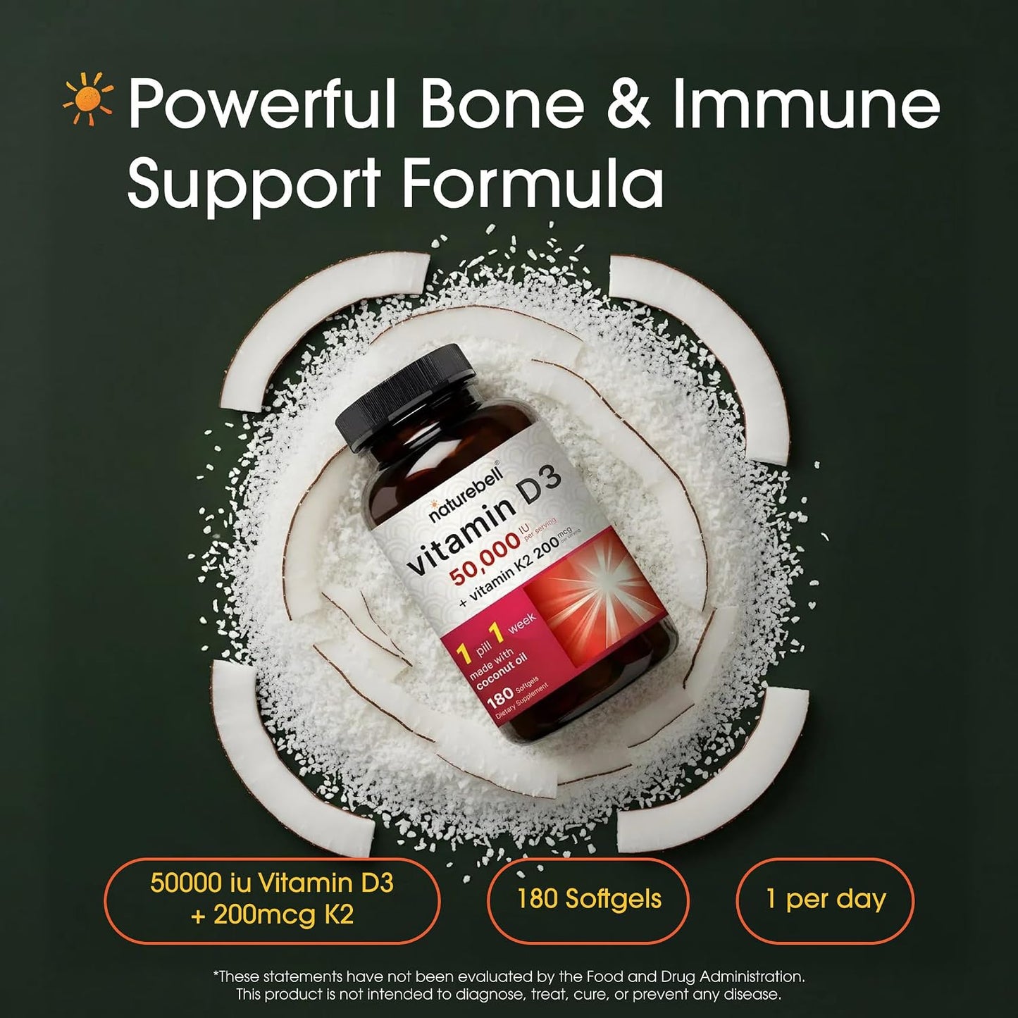 NatureBell Vitamin D3 50,000 IU with Vitamin K2 - 180 Soft Gel Capsules - görsel 2