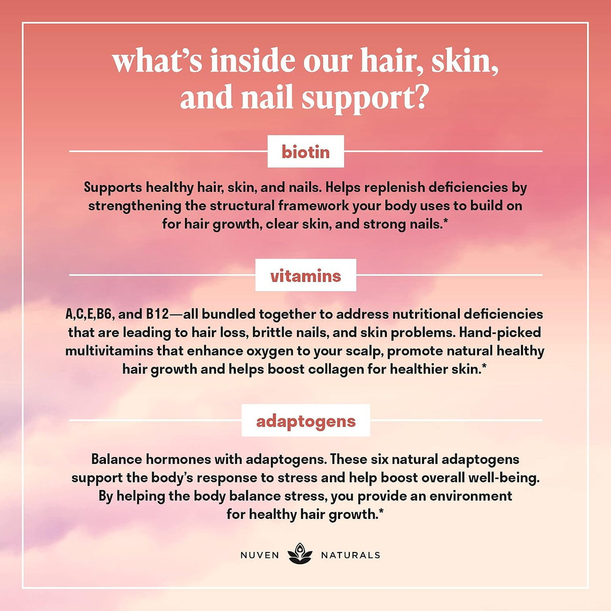 Nuven Naturals Hair Supplements - Biotin 10,000 µg with Vitamin A, E, C, D & Adaptogens - 60 Capsules - görsel 5