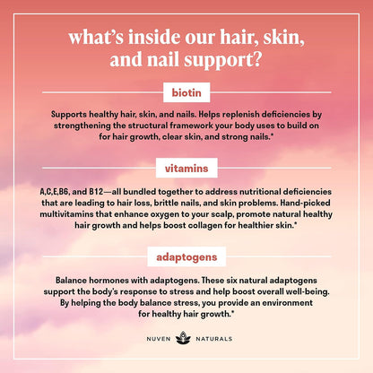 Nuven Naturals Hair Supplements - Biotin 10,000 µg with Vitamin A, E, C, D & Adaptogens - 60 Capsules