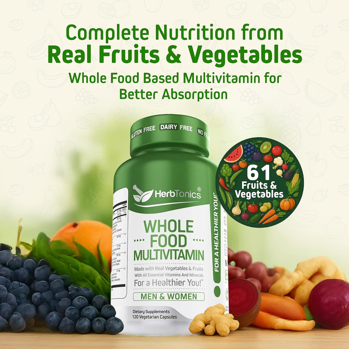 Herbtonics Whole Food Multivitamin for Men and Women – Vegan Multivitamin with Real Fruits & Veggies, Probiotics, CoQ10, Turmeric & More – 120 Capsules - görsel 2