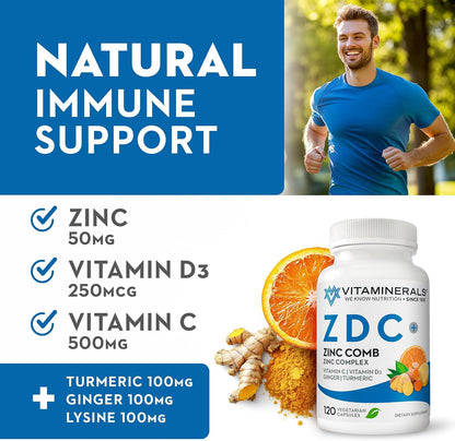 Vitaminerals Z D C - Zinc, Vitamin D3 & C Complex - 120 Vegetarian Capsules