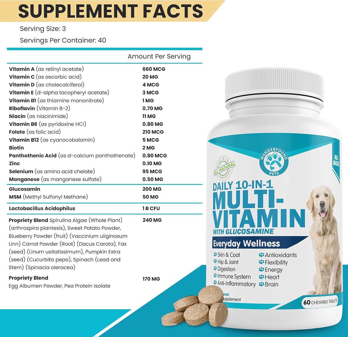 Wanderfound Pets 10-in-1 Dog Multivitamin, Chewable Dog Vitamins with Glucosamine, D3 and MSM, Dog Health Supplies for Immune System and Joint Health, Liver Flavour, 60 Tablets - görsel 5