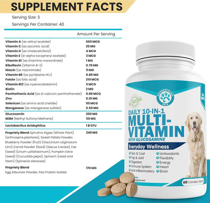 Wanderfound Pets 10-in-1 Dog Multivitamin, Chewable Dog Vitamins with Glucosamine, D3 and MSM, Dog Health Supplies for Immune System and Joint Health, Liver Flavour, 60 Tablets