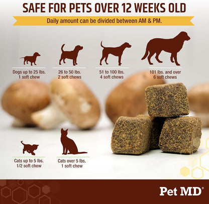 Pet MD Mushroom Immune Support for Dogs & Cats - Turkey Tail, Shiitake, Milk Thistle & CoQ10 Supplement - 120 Soft Chews