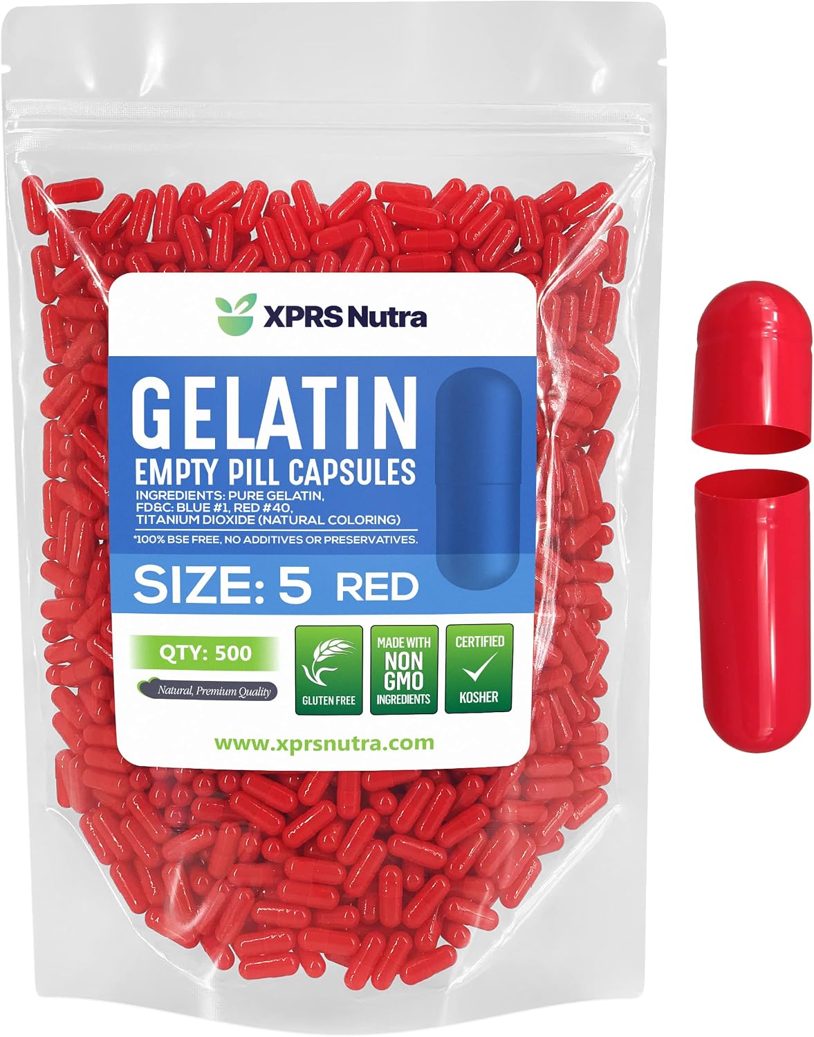 XPRS Nutra Size 5 Empty Capsules - 500 Count Very Small Empty Gelatine Capsules - Pills DIY Capsule Filling - Fillable Pill Gel Caps for Do-It-Yourself Vitamin Supplements (Red) - görsel 1