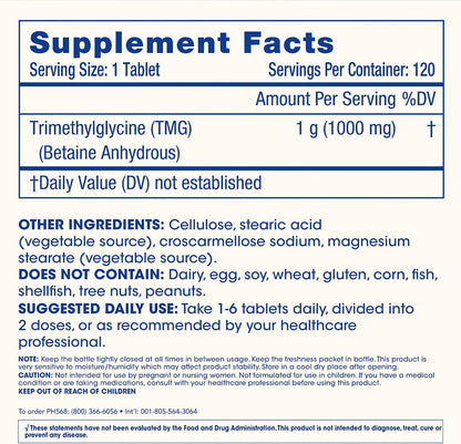 ProHealth Longevity TMG (Trimethylglycine) - Betaine Anhydrous 1,000 mg, 120 Tablets - Methylation Support – Image 6