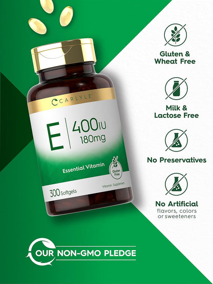 Carlyle Vitamin E 400 IU Softgels (180mg) | 300 Capsules | Non-GMO and Gluten-free Supplement