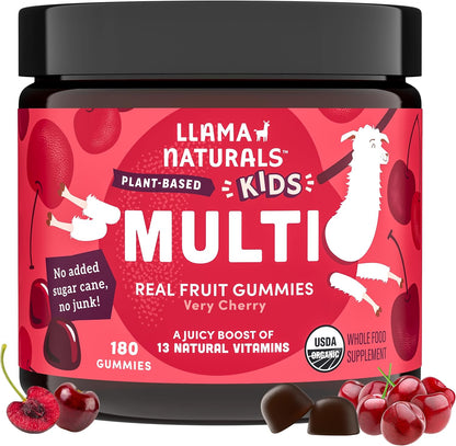 Llama Naturals Kids Multivitamin Gummies, Organic Vegan, Real Fruit, No Added Sugar, Strawberry, 90 Count