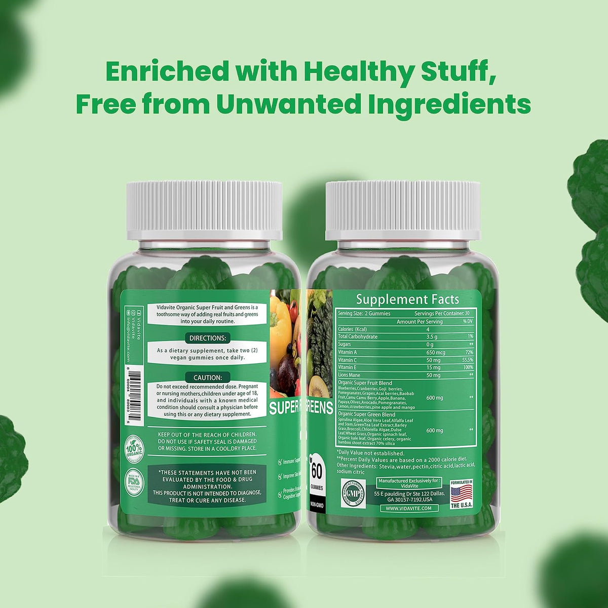 VIDAVITE Sugar-free Super Greens Gummies — Made in USA, 35+ Fruit and Veggie Gummies to Support Immunity, Skin & Gut Health — Ideal Fruits and Vegetables Supplement for Adults & Picky Teens (30-Day Supply) - görsel 6