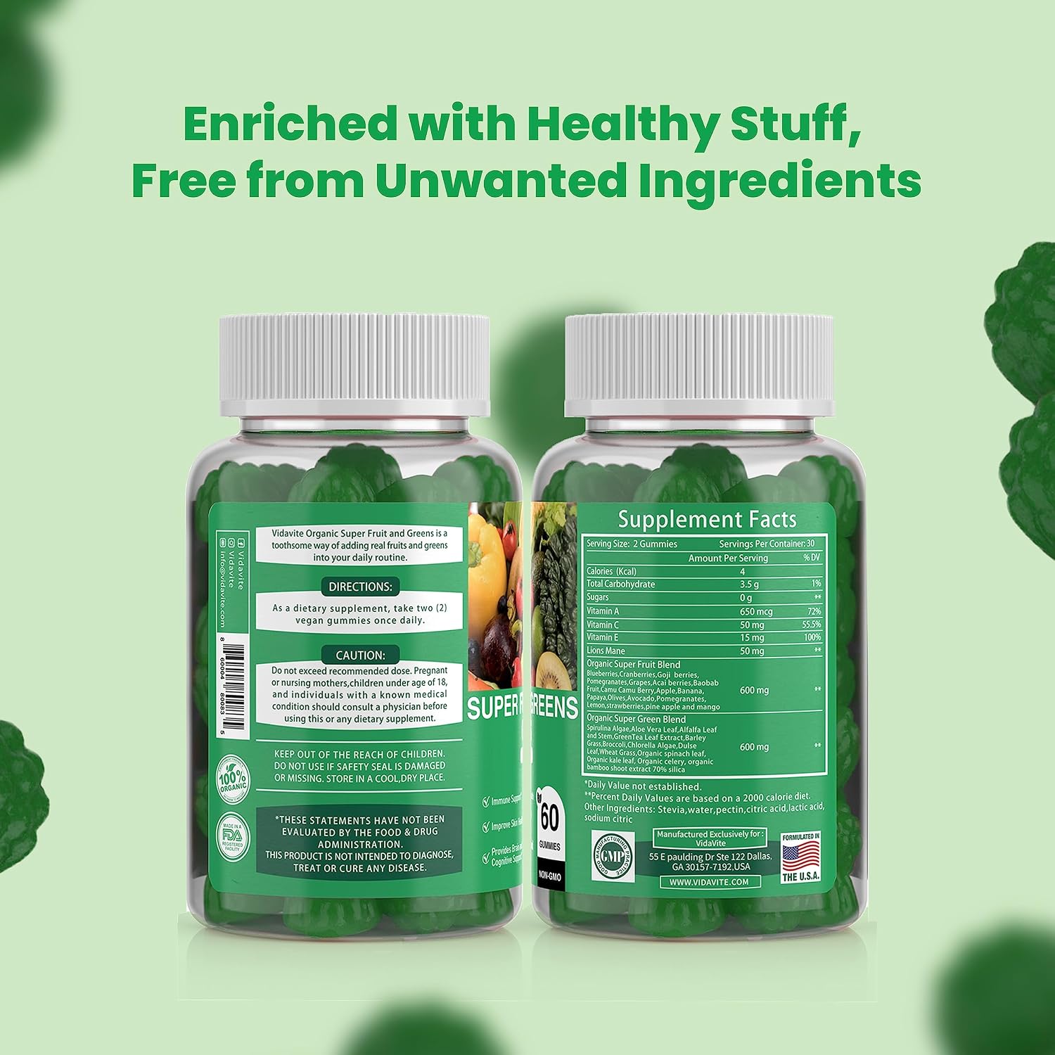 VIDAVITE Sugar-free Super Greens Gummies — Made in USA, 35+ Fruit and Veggie Gummies to Support Immunity, Skin & Gut Health — Ideal Fruits and Vegetables Supplement for Adults & Picky Teens (30-Day Supply) - görsel 6