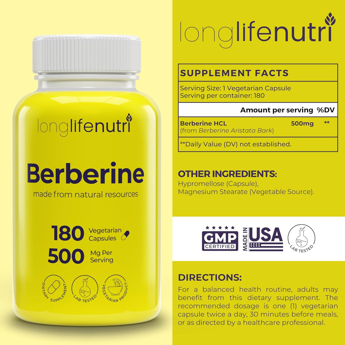 Berberine 500mg HCl Extract – from Berberis Aristata Vulgaris, 180 Vegetarian Capsules, Traditional Digestive Supplement for General Wellness, 6-Month Supply, Non-GMO, 1000mg per Serving, GMP Certified, USA-made - görsel 2