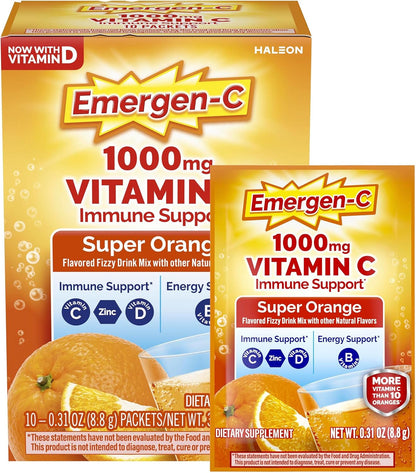 Emergen-C 1000mg Vitamin C Immune Support Powder Super Orange 10 Sachets with Zinc, Manganese, 7 B Vitamins and Electrolytes