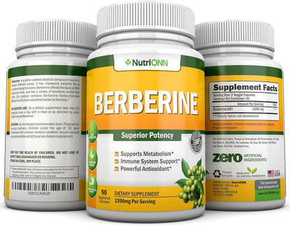 NutriONN Berberine 1200mg – 90 Vegetarian Capsules – Pure Berberine HCl Extract Supplement