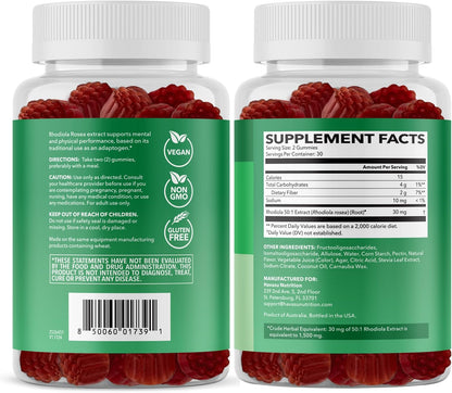 Rhodiola Rosea Gummies - Sugar Free Rhodiola Supplement - Adaptogen for Mental Clarity and Physical Performance - 60 Count - Vegan, Non-GMO and Gluten-free - Mixed Berry Flavour