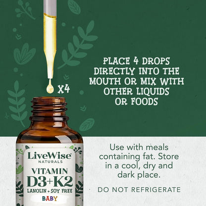Live Wise Naturals Organic Vitamin D3 K2 Liquid Drops for Infants - 225 Servings