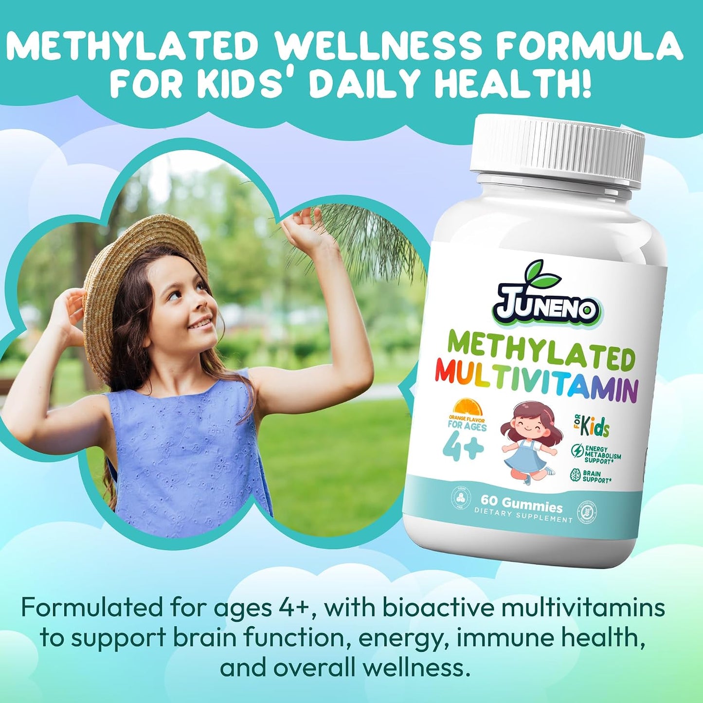 Juneno Methylated Multivitamin Gummies for Kids - MTHFR Support with B Complex, 5-MTHF Folate, B12, Vitamins A C D3 E - Vegan, Gluten-free, Sugar-Free - görsel 2