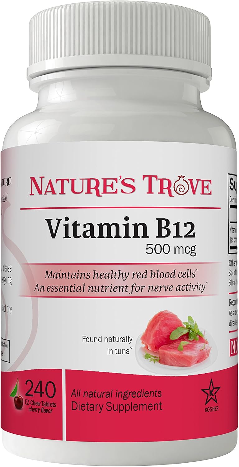 Vitamin B12 500 mcg by Nature's Trove - 240 EZ Chew Tablets Cherry Flavour - görsel 1