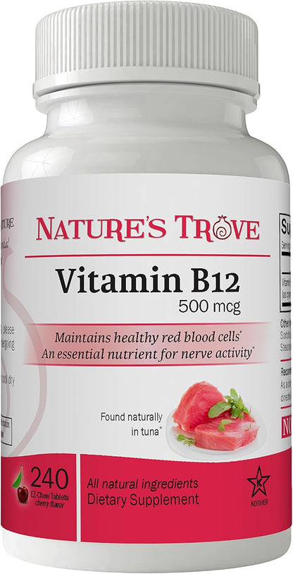 Vitamin B12 500 mcg by Nature's Trove - 240 EZ Chew Tablets Cherry Flavour