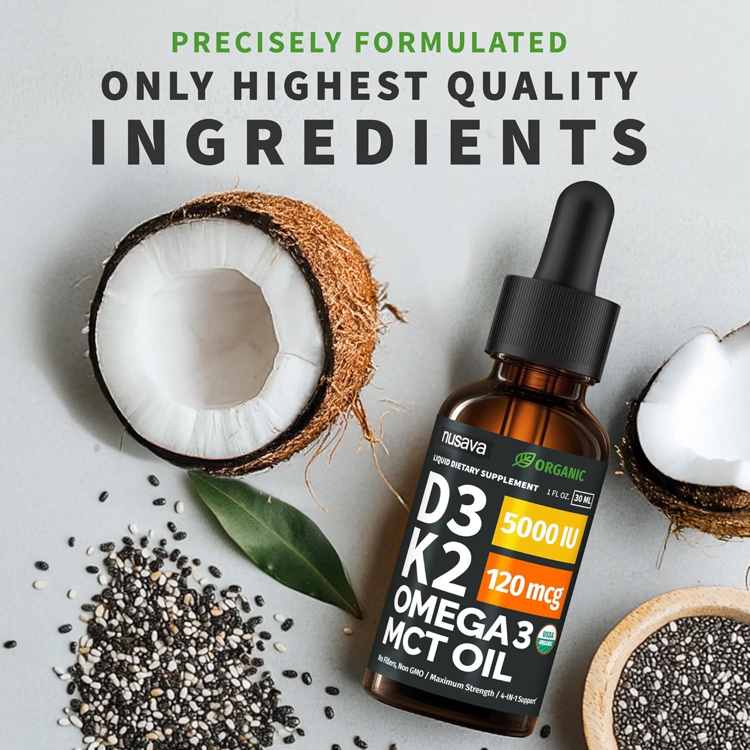 (2 Pack) Organic Vitamin D3 K2 Drops with MCT Oil & Omega-3 - Liquid Vitamin D3 5000 IU - K2 D3 Vitamin Supplement - Vitamin D Drops for Women & Men - No Fillers, Non-GM, GMP, Unflavoured (60 ml) - görsel 6