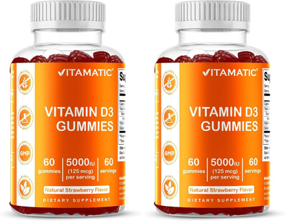 Vitamatic Vitamin D3 Gummies – 5000 IU – 120 Count (Pack of 2) – Strawberry Flavour