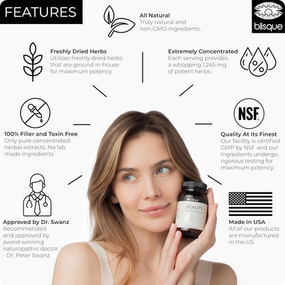 Blisque Beauty+ Natural Beauty Food Supplement – Hair, Skin & Nails Support with Biotin & Hyaluronic Acid – 90 Capsules