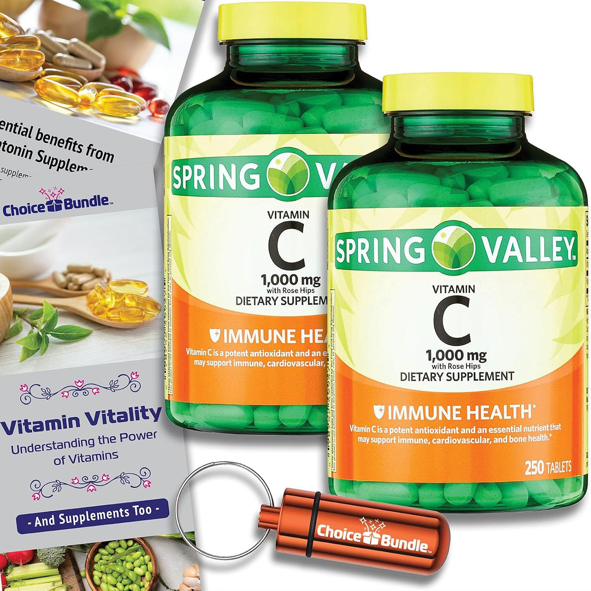 Vitamin C 1000 mg with Rose Hips Tablets Bundle - 2 Bottles (500 Total) with Vitamin Guide and Pill Container - görsel 1