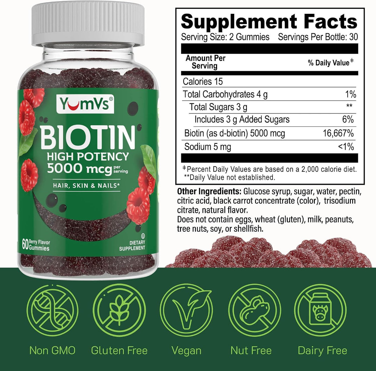 YUM-V'S YumVs Biotin Gummies 5000mcg | Luscious Raspberry Flavour | Hair, Skin & Nails Vitamins for Women and Men (60 Count, Pack of 2) - görsel 5