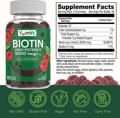YUM-V'S YumVs Biotin Gummies 5000mcg | Luscious Raspberry Flavour | Hair, Skin & Nails Vitamins for Women and Men (60 Count, Pack of 2)