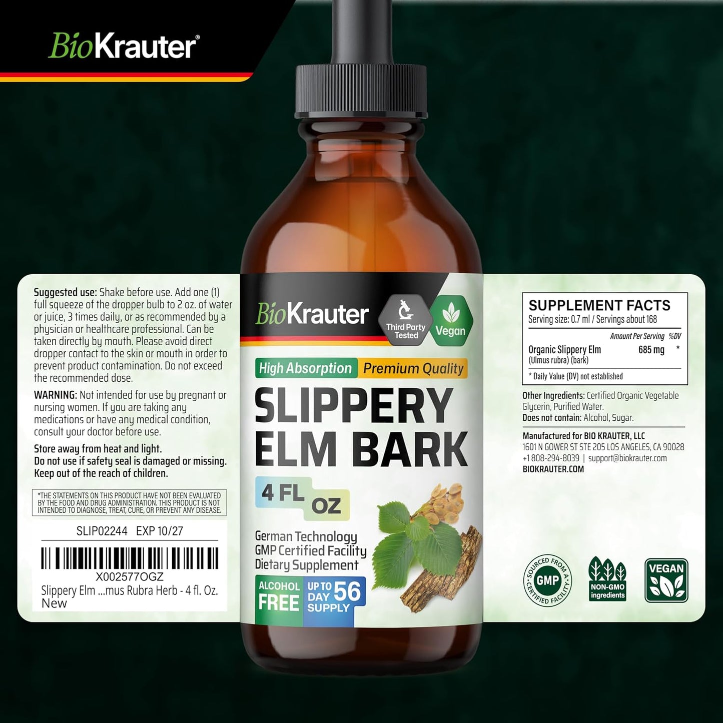 Slippery Elm Bark Tincture – Pure Slippery Elm for Women & Men – 118 ml (56 Days Supply) – Vegan Liquid Drops for Throat, Lungs, Digestion - görsel 8