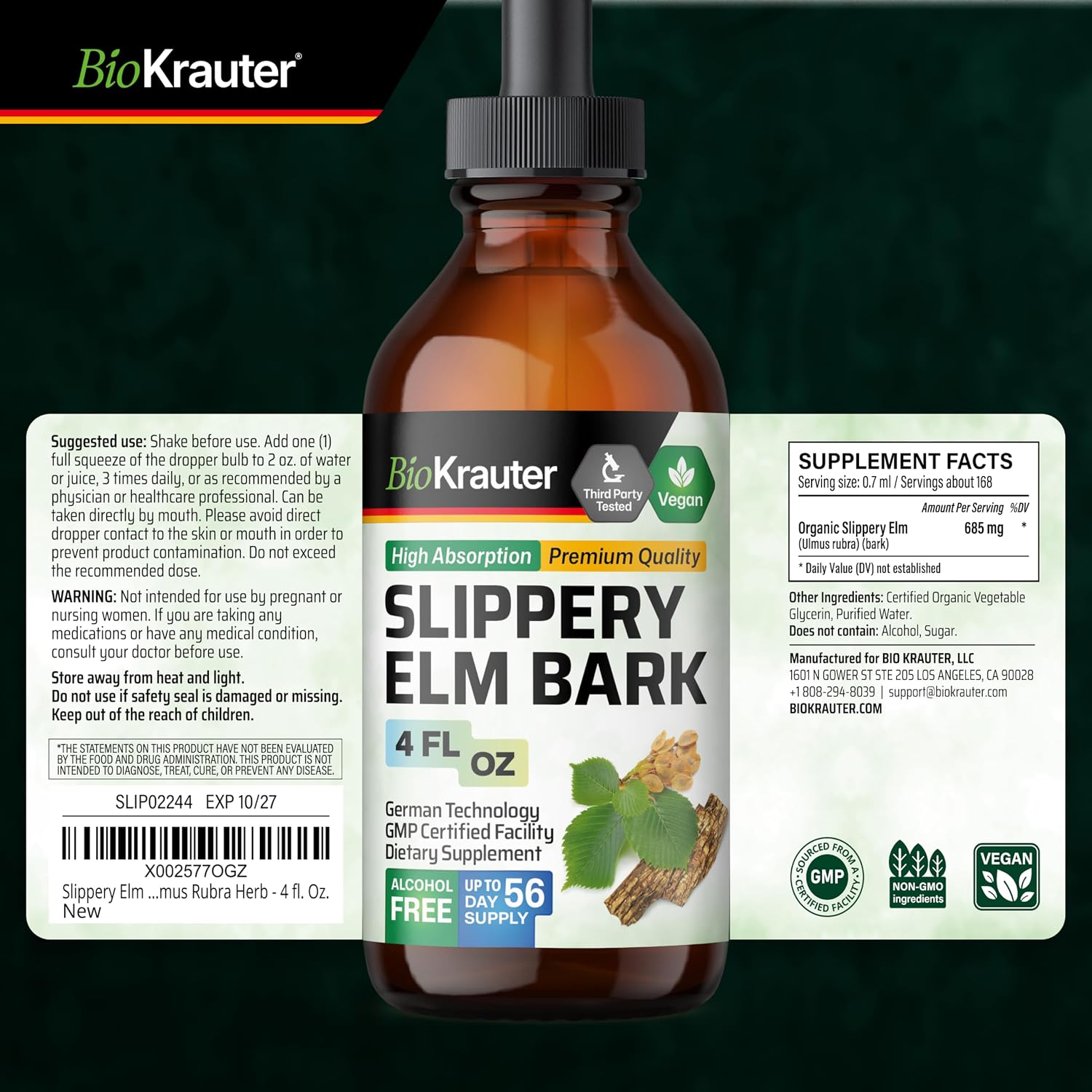 Slippery Elm Bark Tincture – Pure Slippery Elm for Women & Men – 118 ml (56 Days Supply) – Vegan Liquid Drops for Throat, Lungs, Digestion - görsel 8