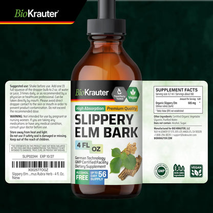 Slippery Elm Bark Tincture – Pure Slippery Elm for Women & Men – 118 ml (56 Days Supply) – Vegan Liquid Drops for Throat, Lungs, Digestion