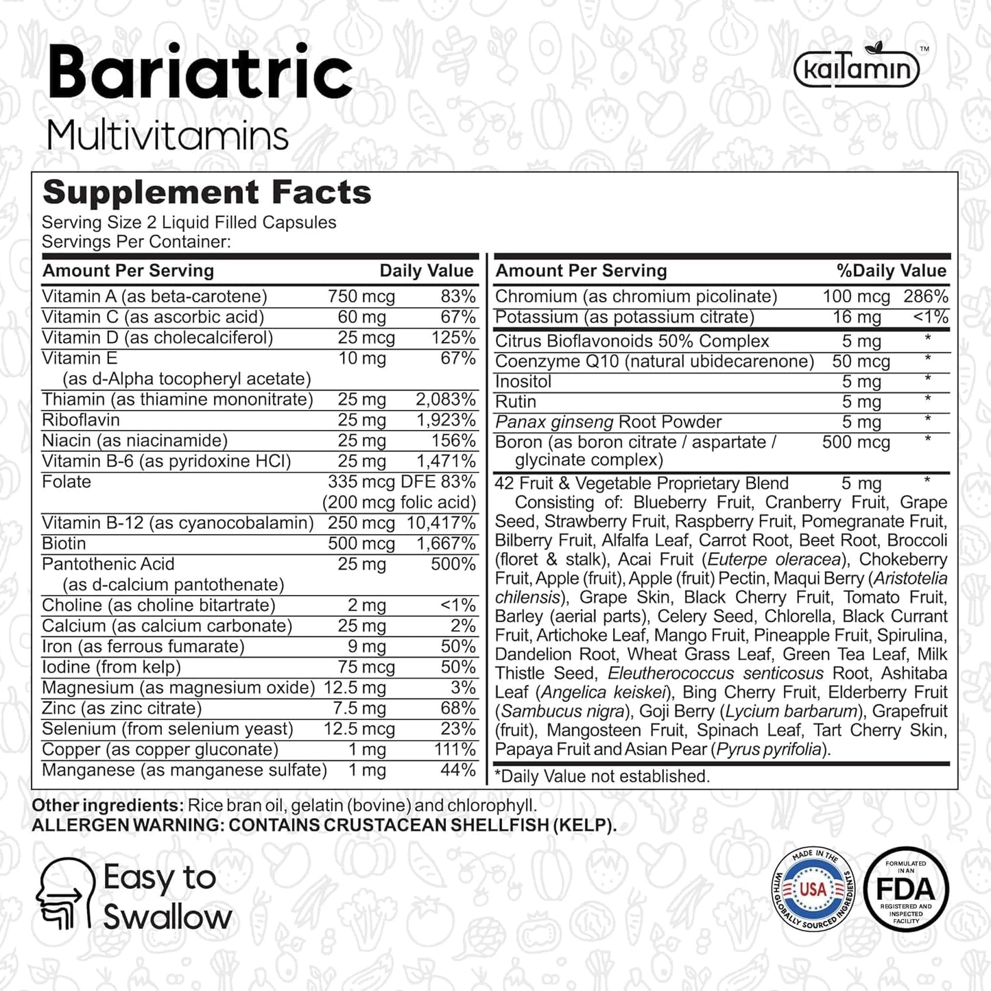 Kaitamin Bariatric Vitamins for Gastric Sleeve & Bypass with Iron, 60 Capsules - görsel 3