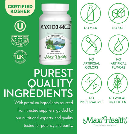 Vitamin D3 5000 IU (125 mcg) - High Strength Vitamin D3 Supplement for Bone and Immune Support - 180 Tablets