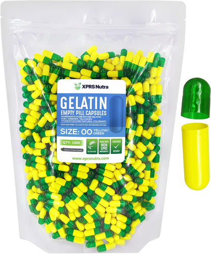 XPRS Nutra Size 00 Empty Gelatine Capsules – 1000 Capsules (Green/Yellow)