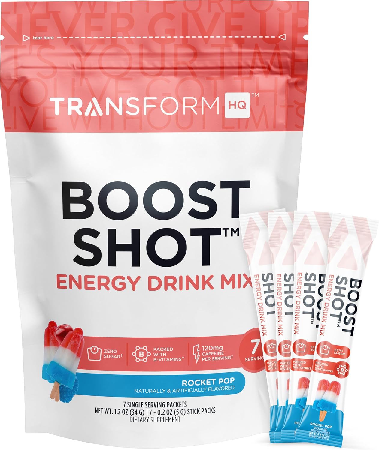 TransformHQ Boost Shot Powder Drink Stick Packets, Rocket Pop, 7 Pack, Energy Supplements for Women & Men, with Caffeine, Vitamin B12, B9, B6 & B3 - görsel 6