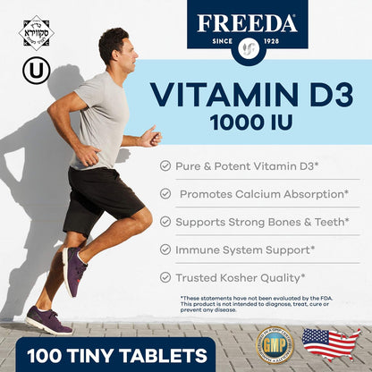 FREEDA Vitamin D3 1000 IU – Pure High Potency Kosher Supplement Tablets for Bone, Muscle and Immune Support – 100 Tablets