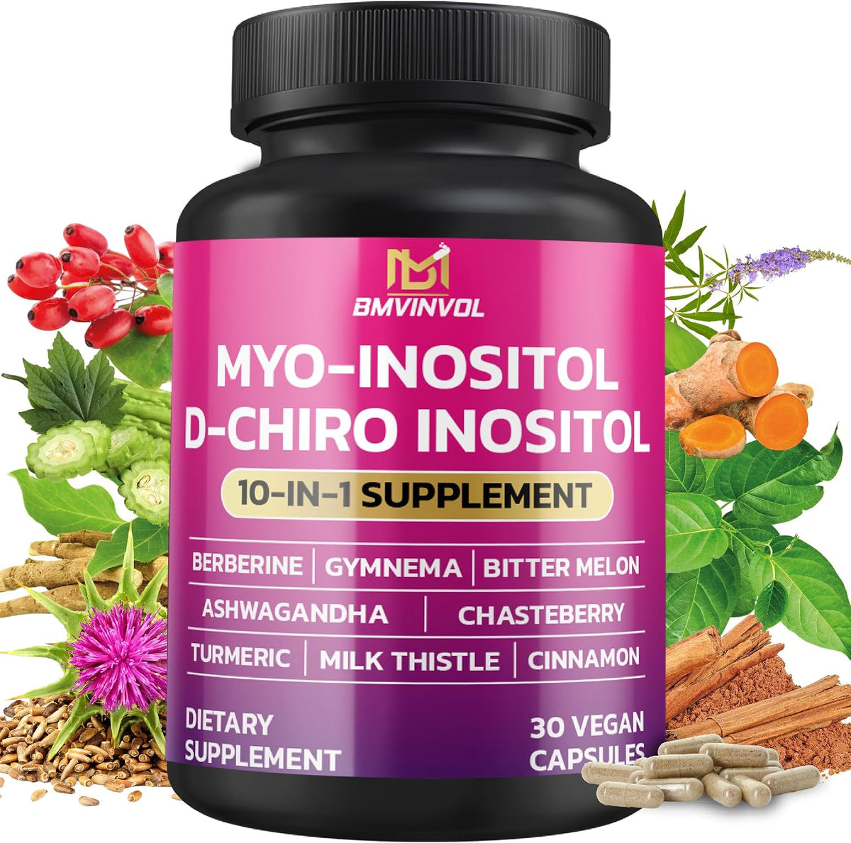 BMVINVOL Inositol Supplement - Myo-Inositol and D-Chiro Inositol (40:1 Ratio) with Berberine, Cinnamon, Ashwagandha, and More - 30 Capsules - görsel 1