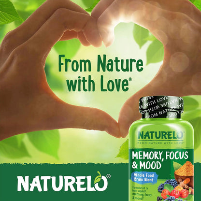 NATURELO Whole Food Brain Supplement – Memory & Focus Support – 60 Vegetarian Capsules