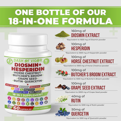 Dash of Vigour 18-in-1 Diosmin Hesperidin Supplement | Quercetin, Bromelain, Zinc, Vitamin C with Rutin | 60 Capsules