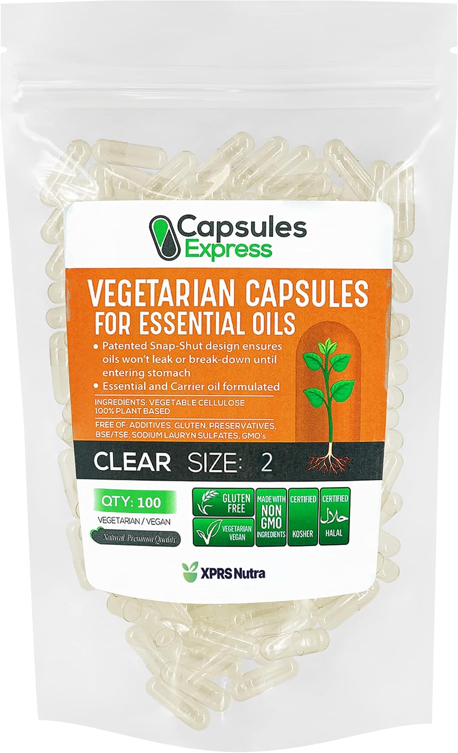 XPRS Nutra Size 2 Empty Vegan Capsules - 100 Capsules Clear Vegetable Capsules for Essential Oils and Powders - görsel 1