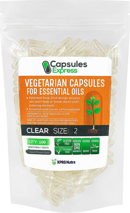 XPRS Nutra Size 2 Empty Vegan Capsules - 100 Capsules Clear Vegetable Capsules for Essential Oils and Powders
