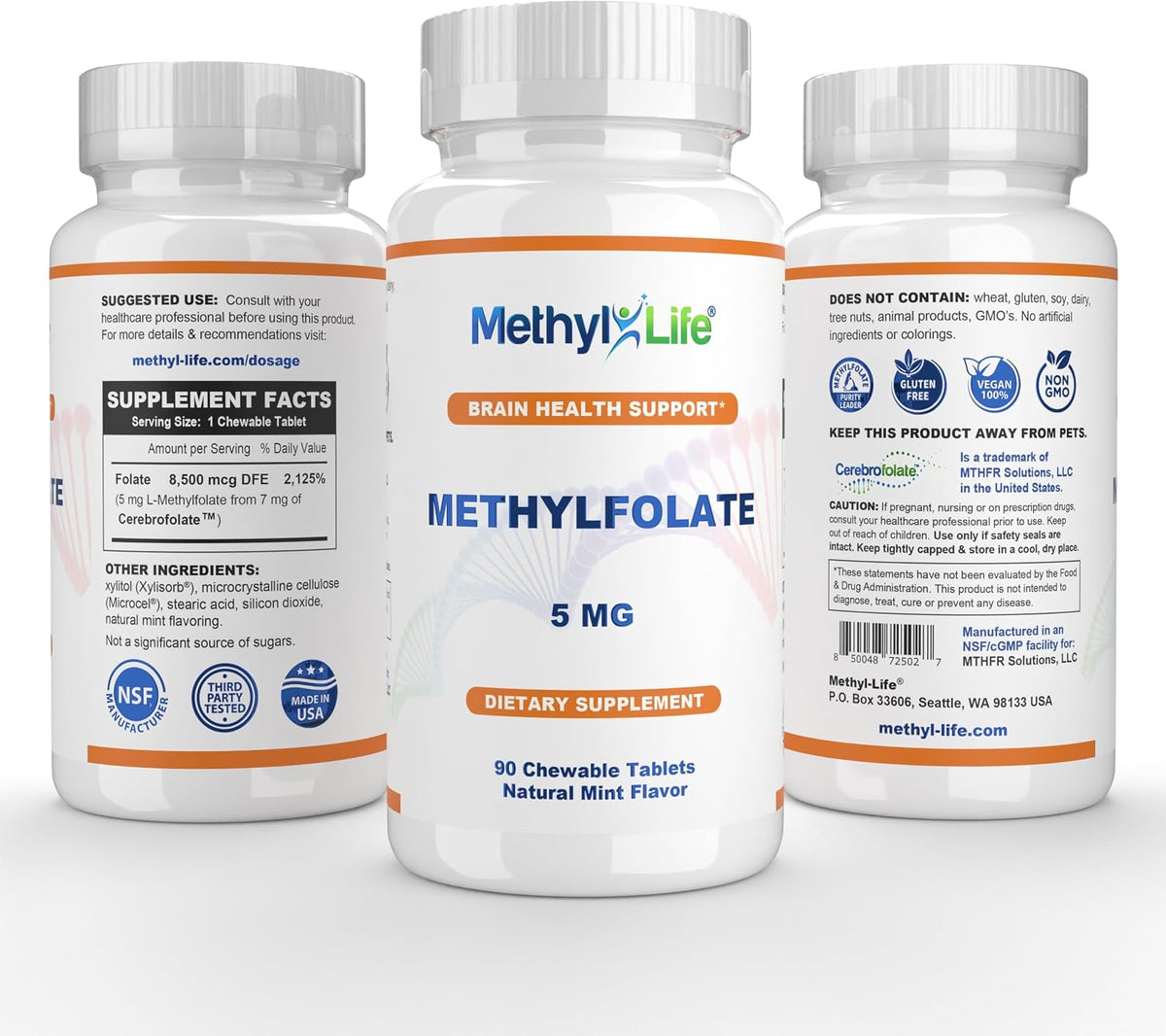 Methyl-Life® L-Methylfolate 5 mg - Chewable Active Folate Tablets with Cerebrofolate® (L-5-MTHF, Calcium) | Vegan, Non-GMO, Gluten-Free | 90 Chewable Tablets - görsel 2