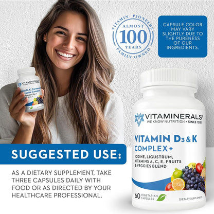 Vitaminerals Vitamin D3 + K Complex | 2500 IU D3 & 80 mcg K | 60 Veggie Capsules