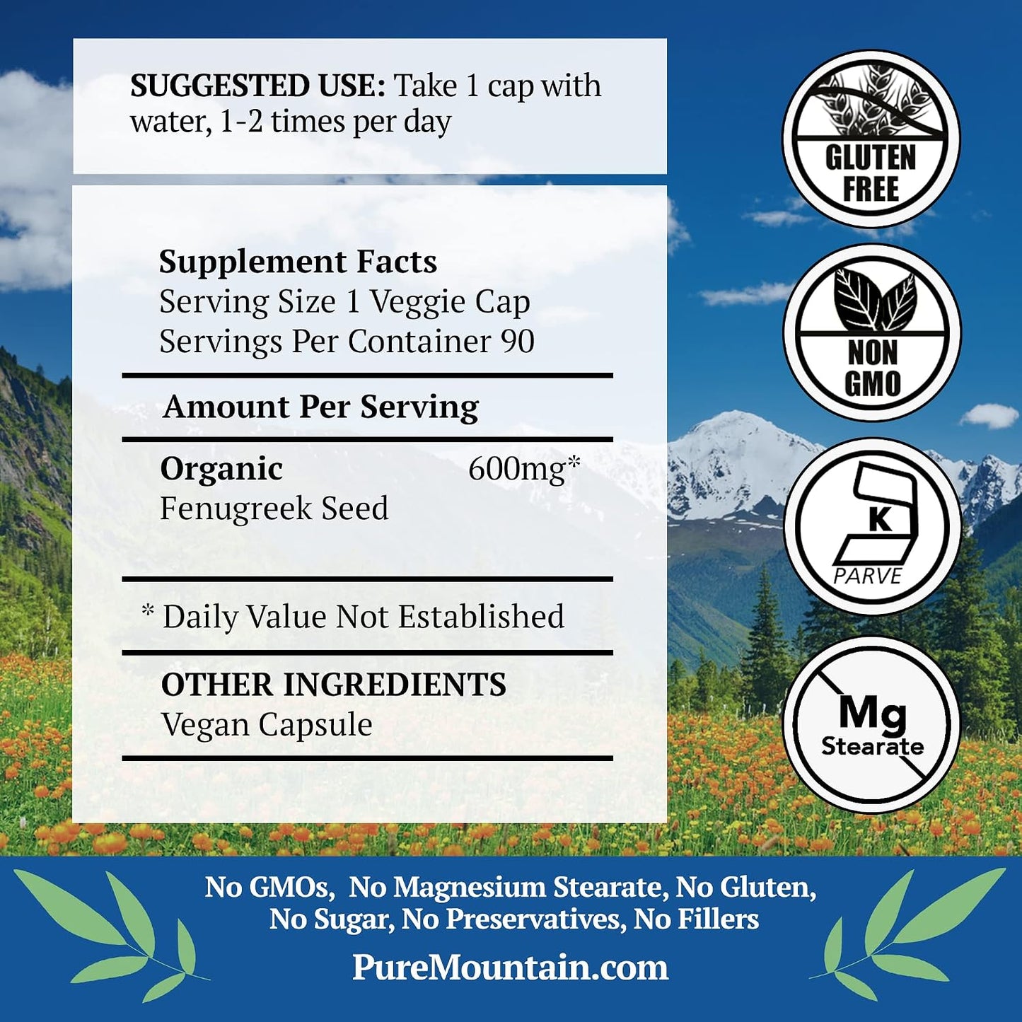 Pure Mountain Botanicals Organic Fenugreek Capsules 600mg - 90 Vegan Capsules - görsel 2