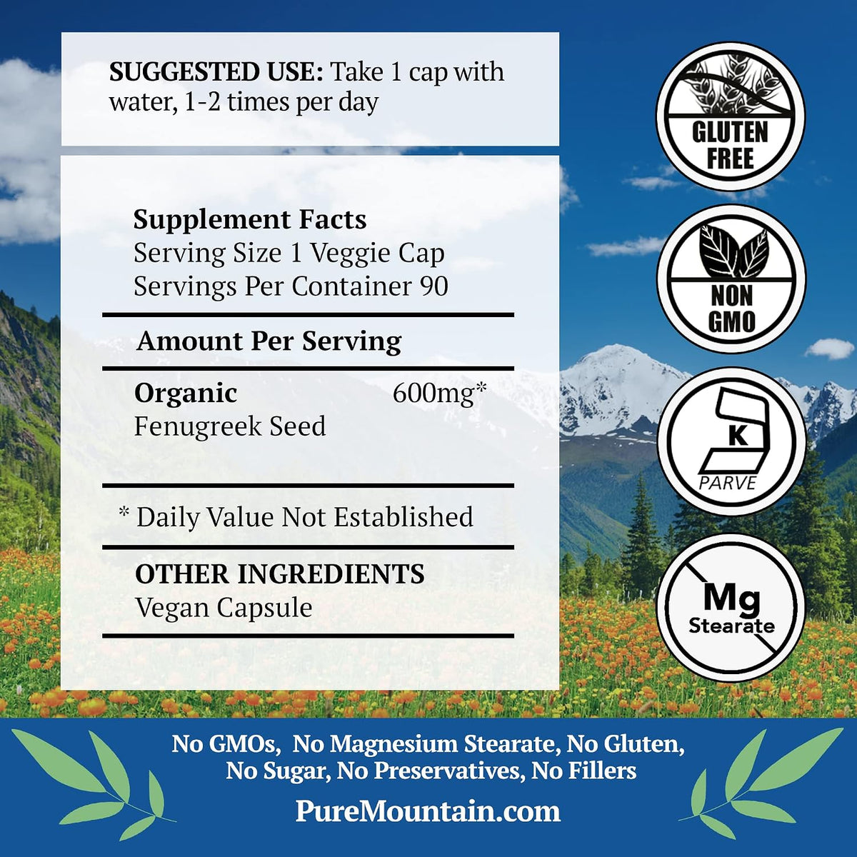 Pure Mountain Botanicals Organic Fenugreek Capsules 600mg - 90 Vegan Capsules - görsel 2
